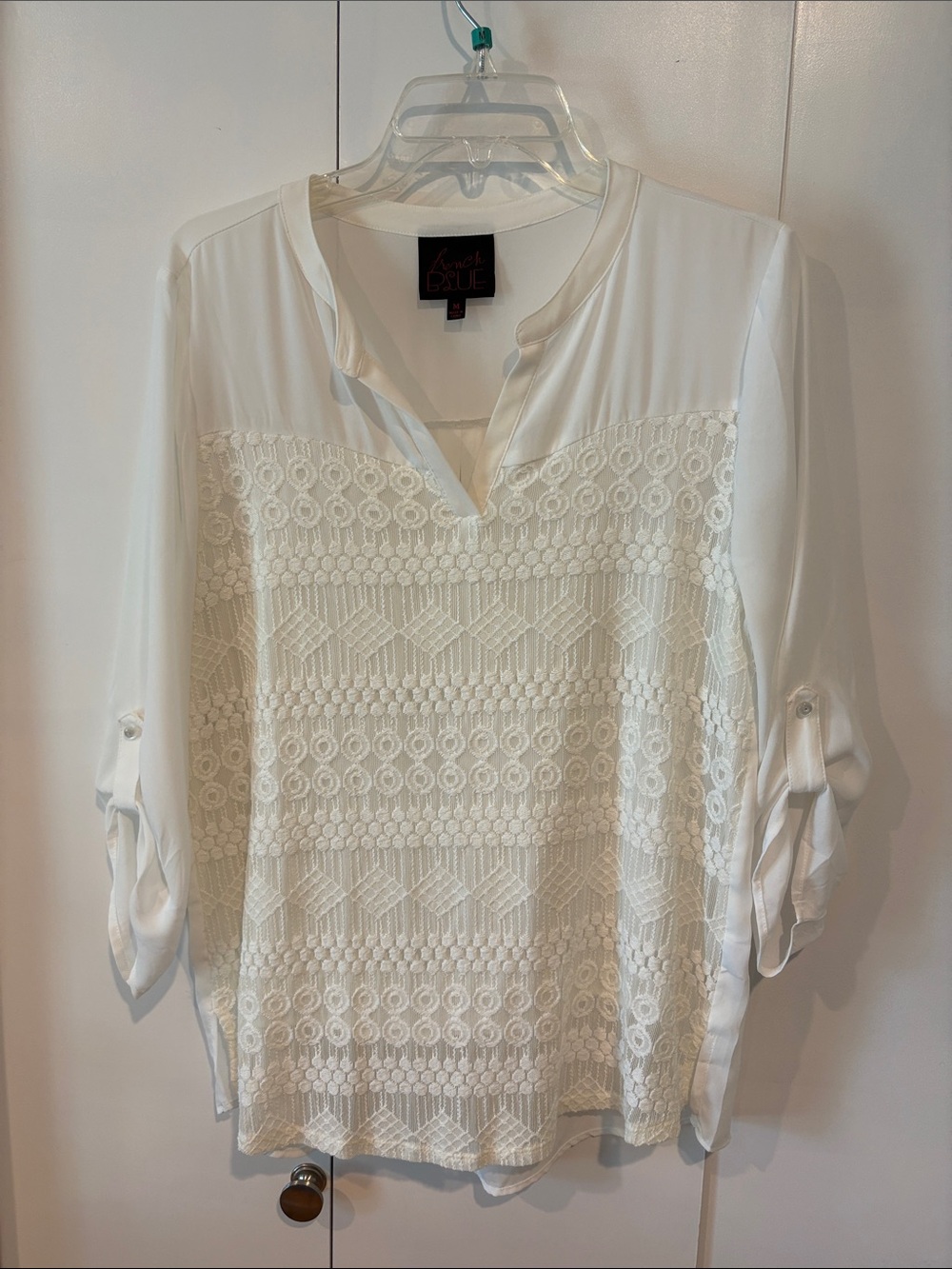 Lace-Front Cream Split-Neck Blouse